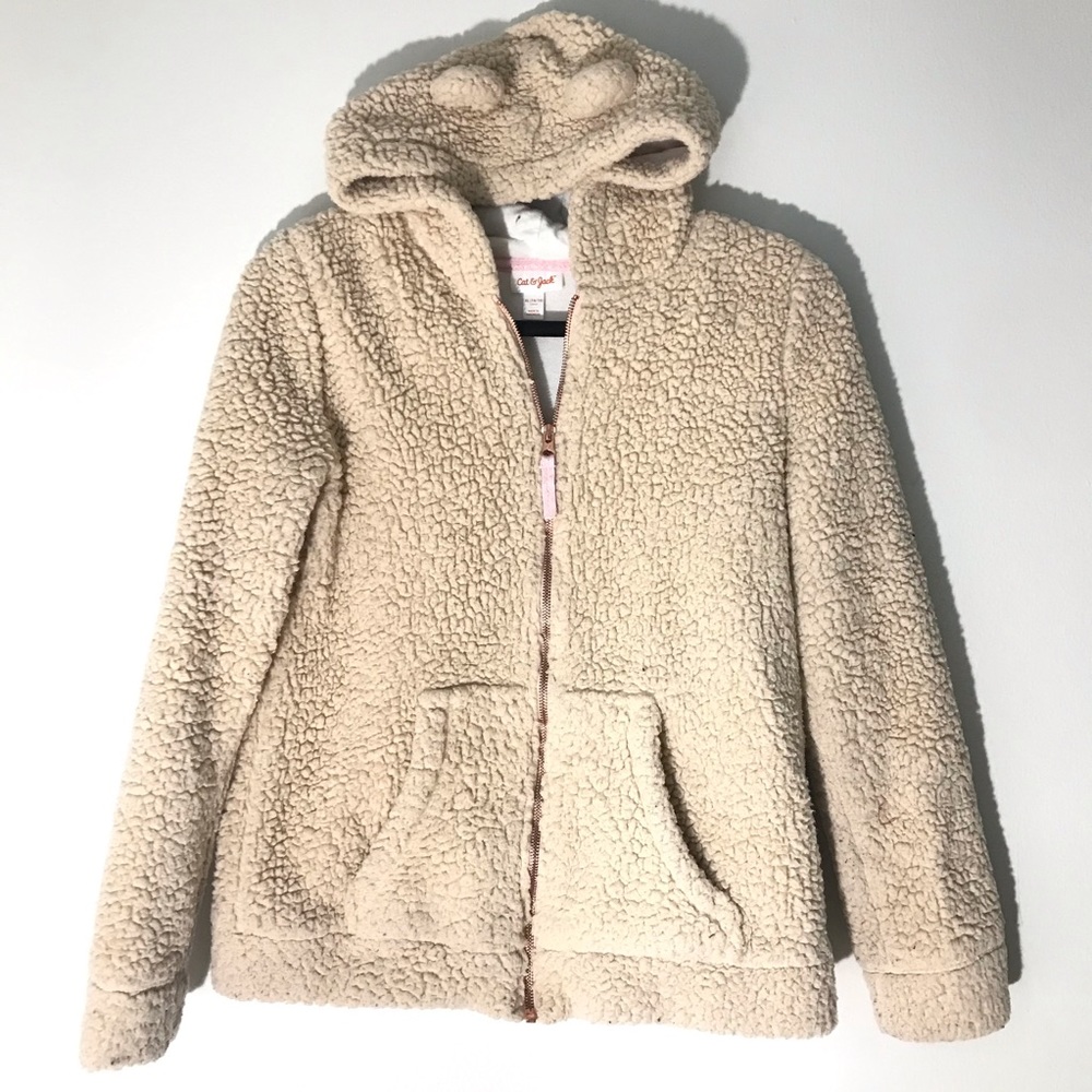 Cat & Jack Zip-Up Fleece Fuzzy Hoodie Teddy Bear Jacket w/Ears Sz XL 14/16